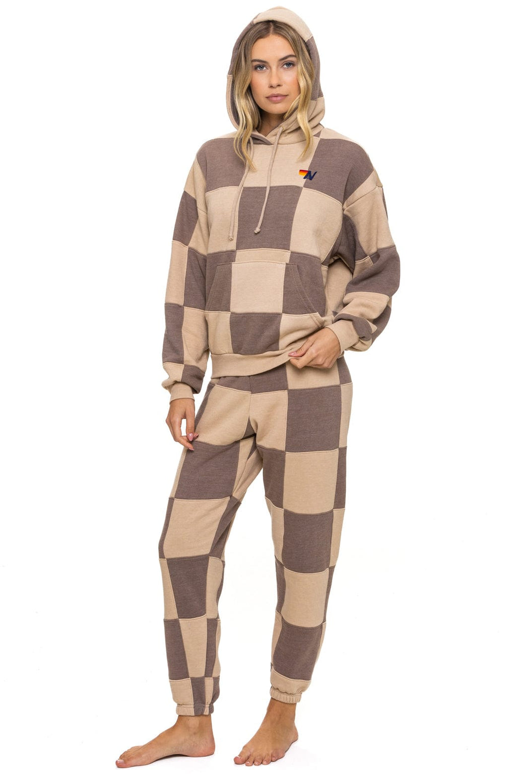 CHECK QUILT RELAXED PULLOVER HOODIE - SAND // TAUPE