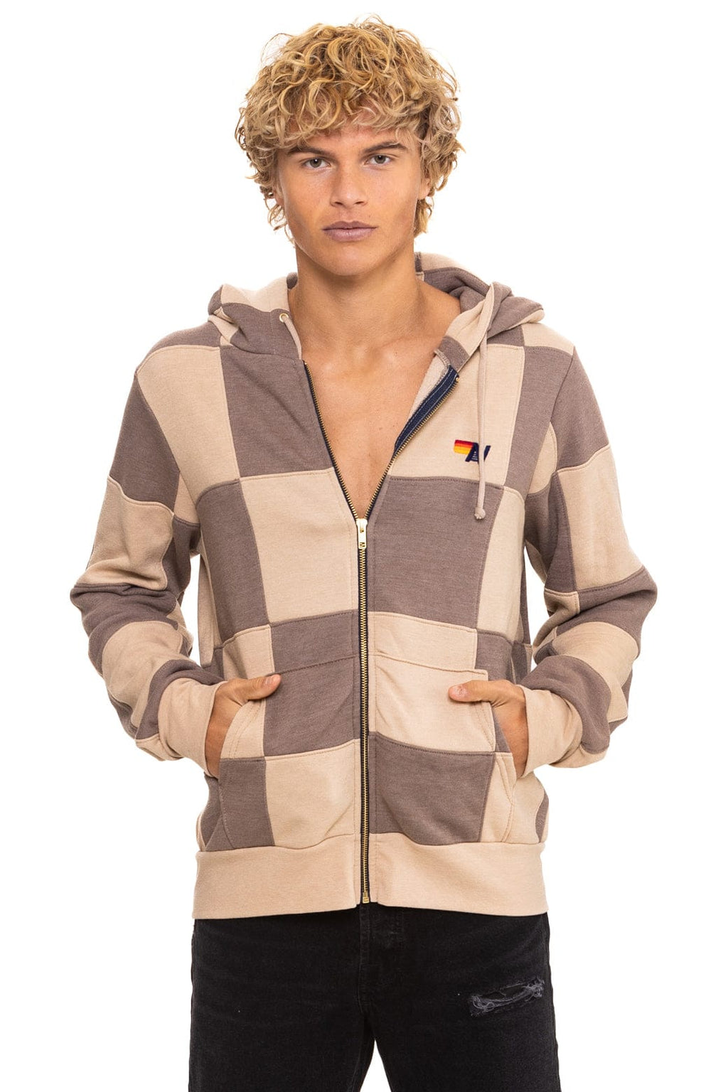 CHECK QUILT ZIP HOODIE - SAND // TAUPE