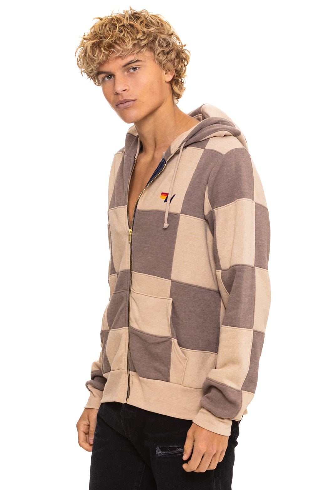 CHECK QUILT ZIP HOODIE - SAND // TAUPE
