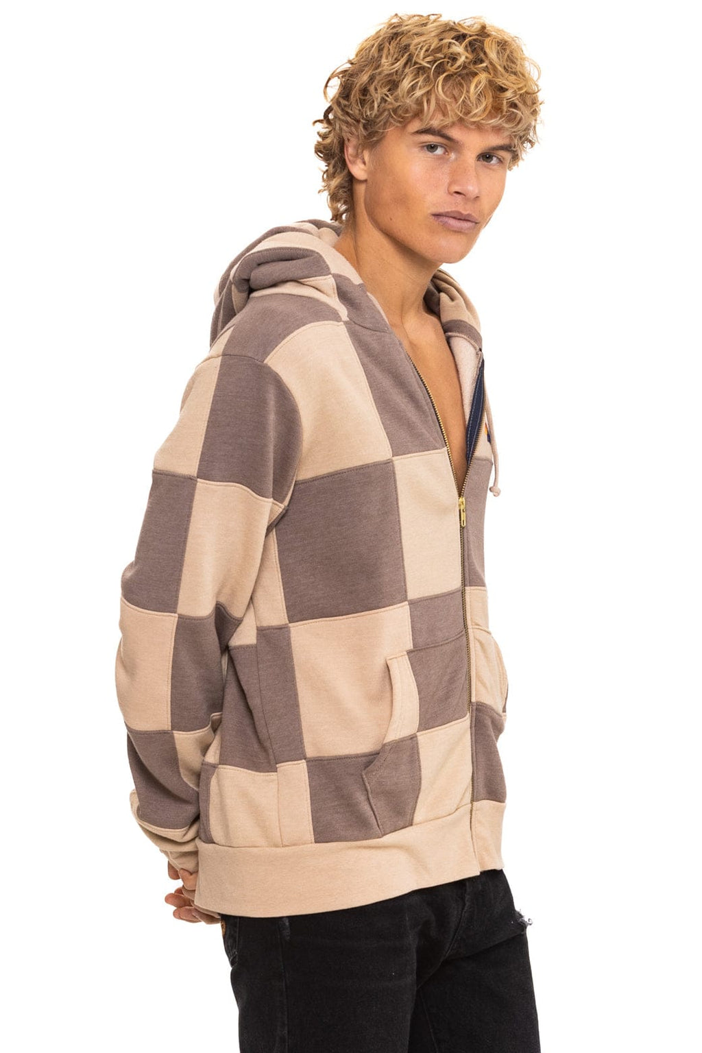 CHECK QUILT ZIP HOODIE - SAND // TAUPE