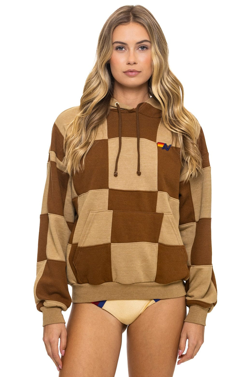 CHECK QUILT RELAXED PULLOVER HOODIE - TAN // CINNAMON
