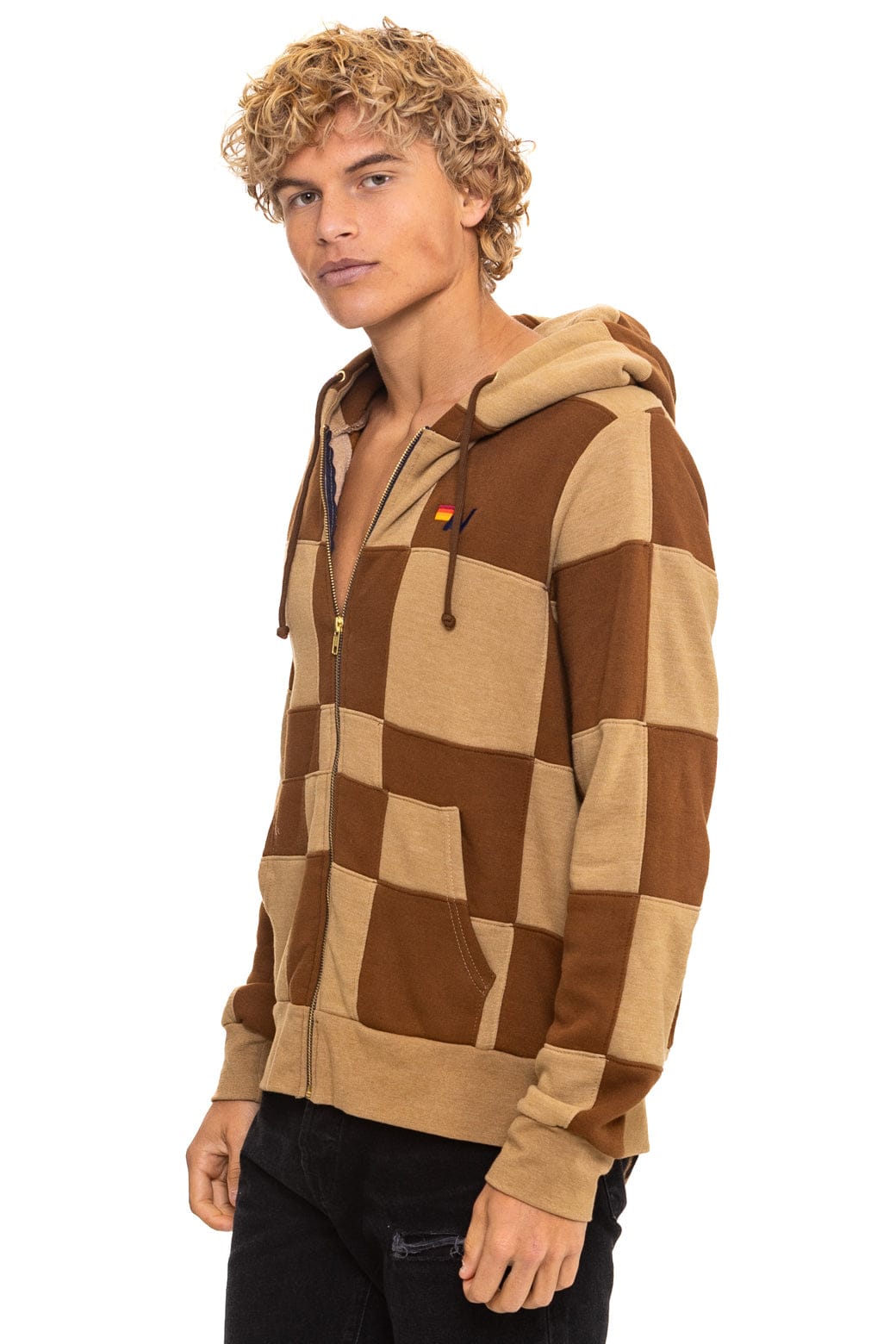 CHECK QUILT ZIP HOODIE - TAN // CINNAMON