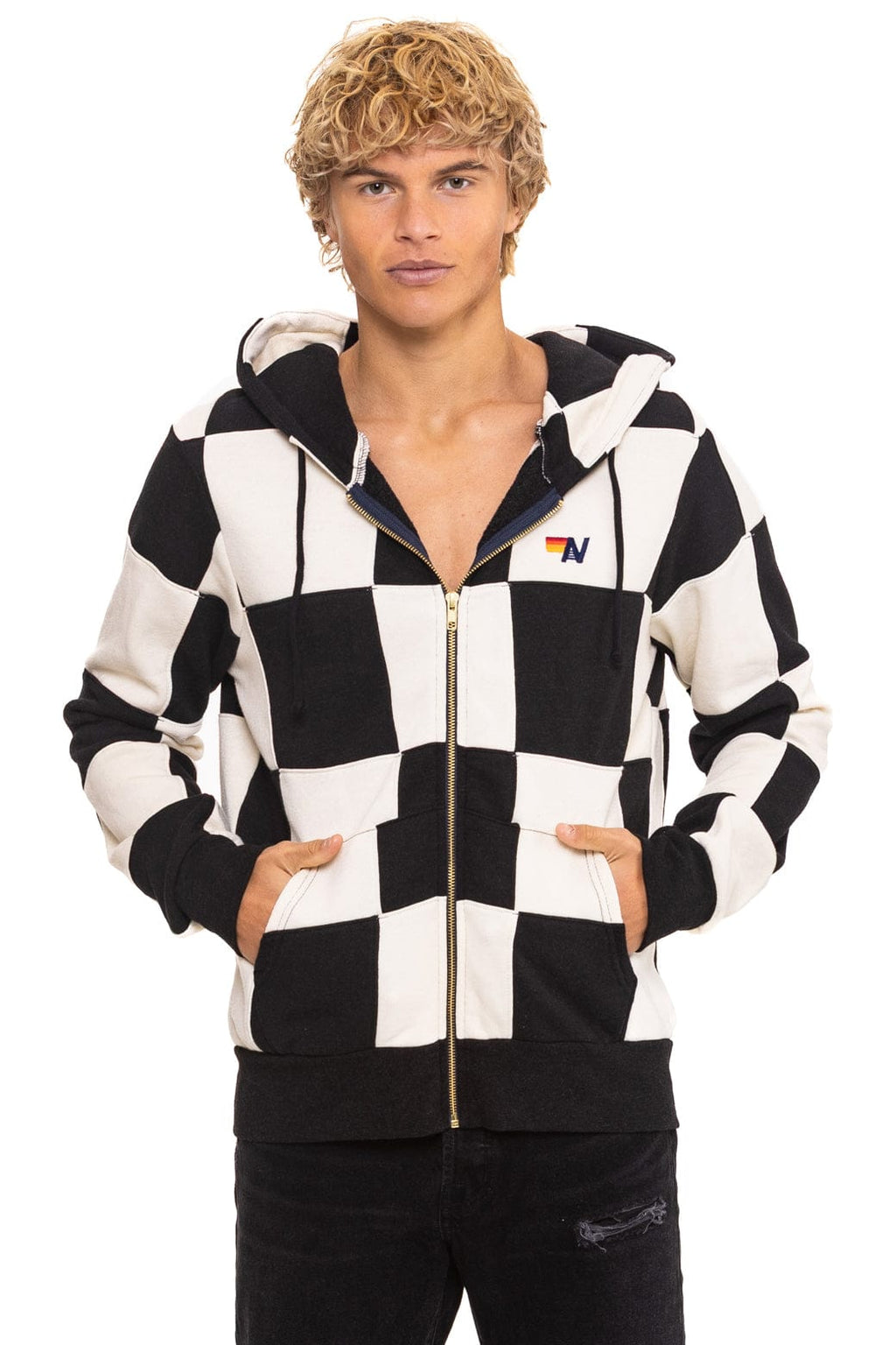 CHECK QUILT ZIP HOODIE - VINTAGE WHITE // BLACK