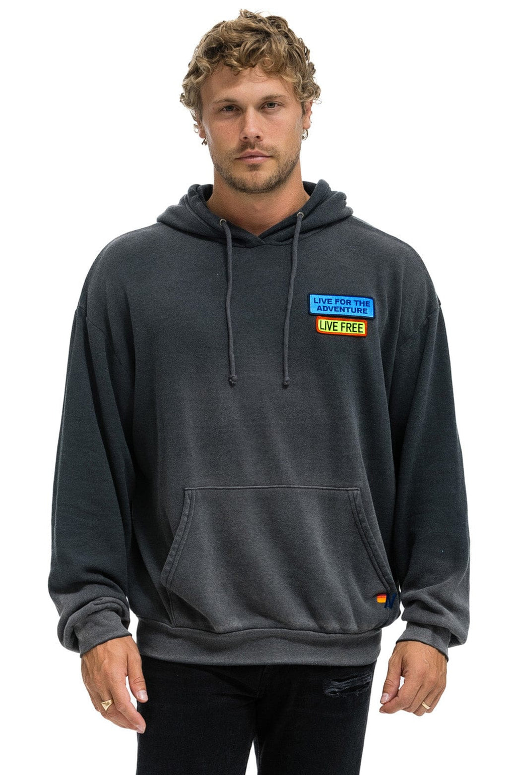 LIVE FREE + ADVENTURE PATCH PULLOVER RELAXED HOODIE - FADED SMOKE