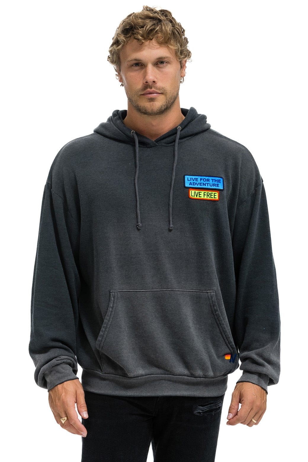 LIVE FREE + ADVENTURE PATCH PULLOVER RELAXED HOODIE - FADED SMOKE