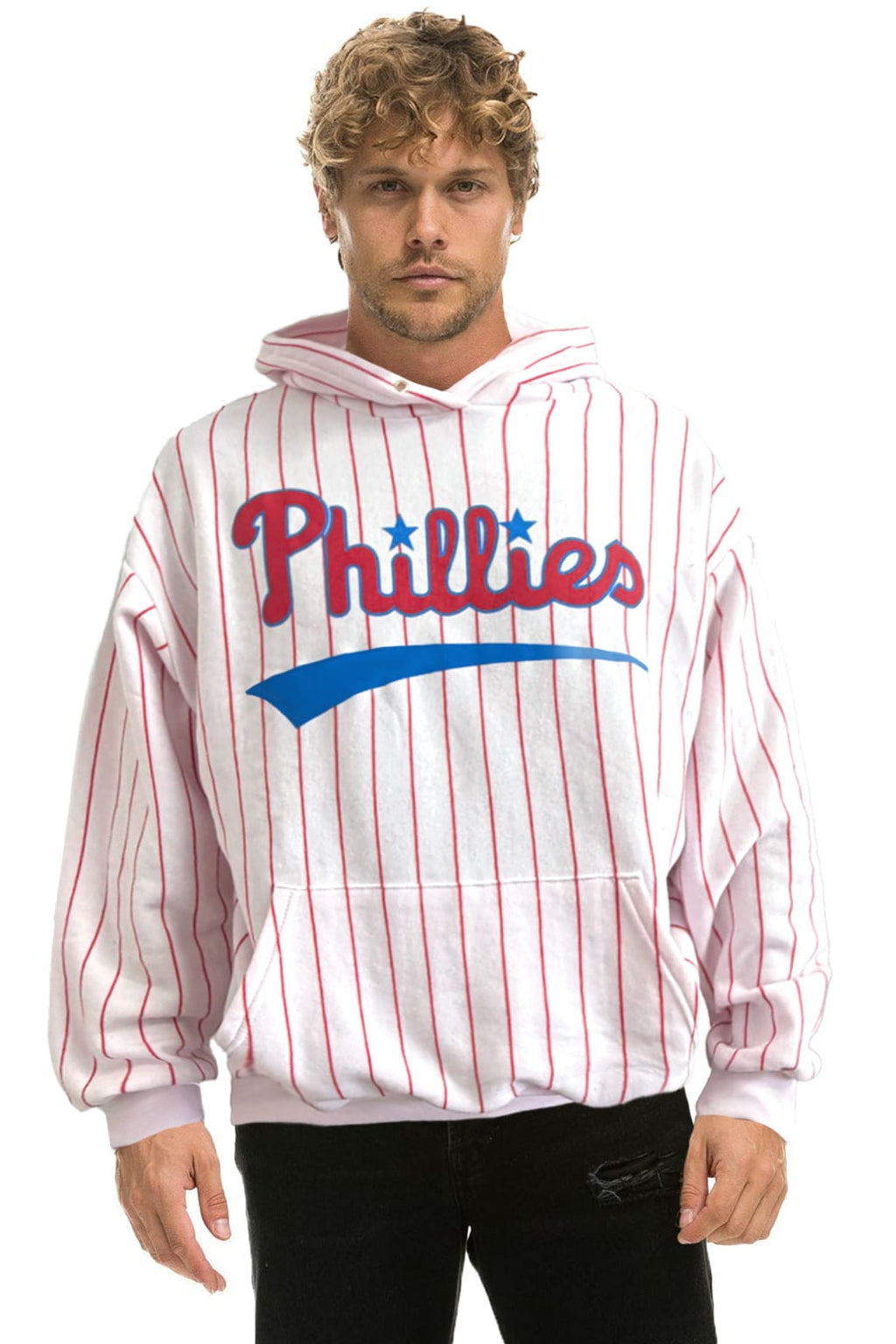 PHILADELPHIA PHILLIES PINSTRIPE 2026 RELAXED PULLOVER HOODIE - WHITE // RED