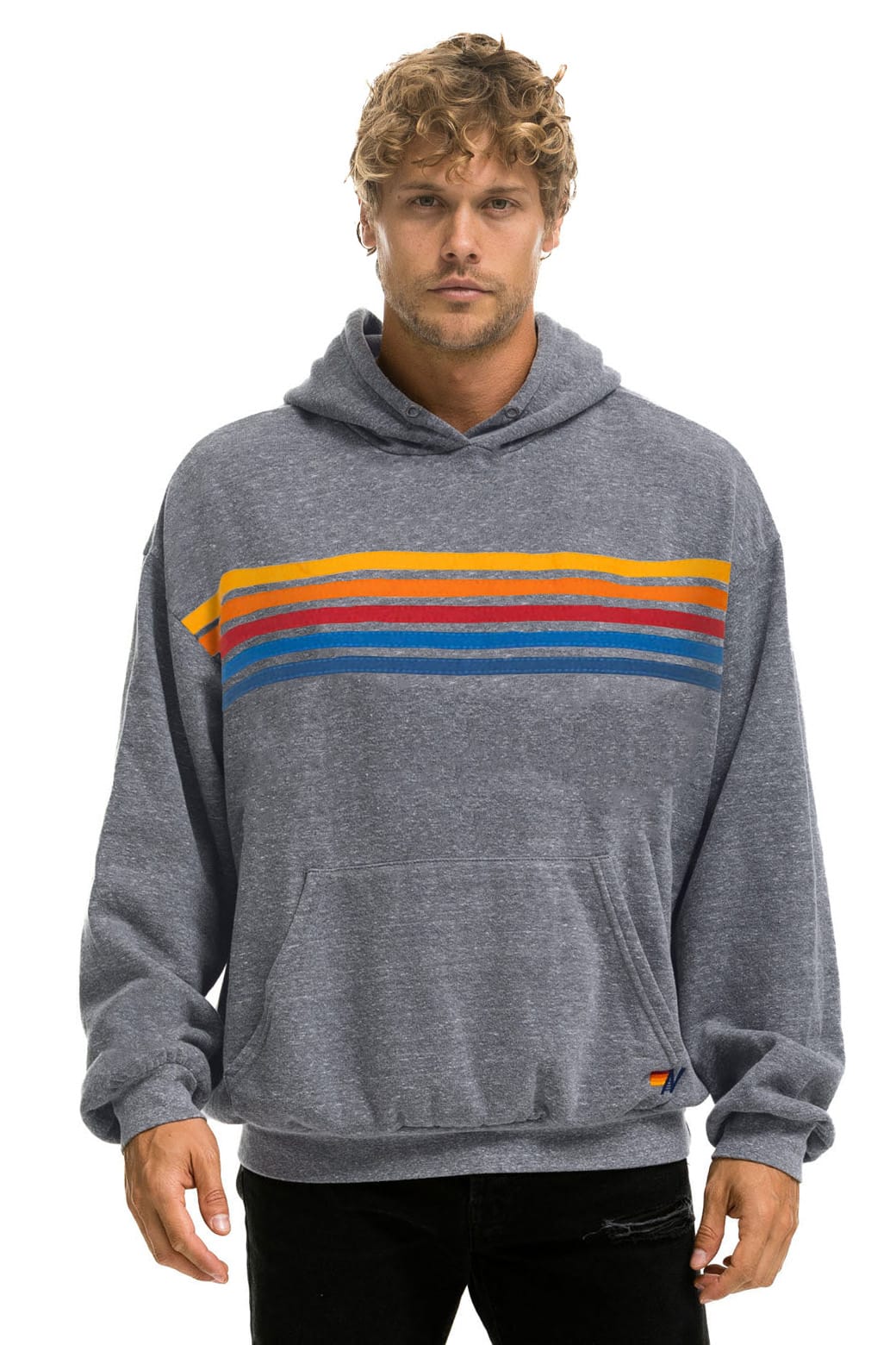 5 STRIPE RELAXED PULLOVER HOODIE - HEATHER GREY