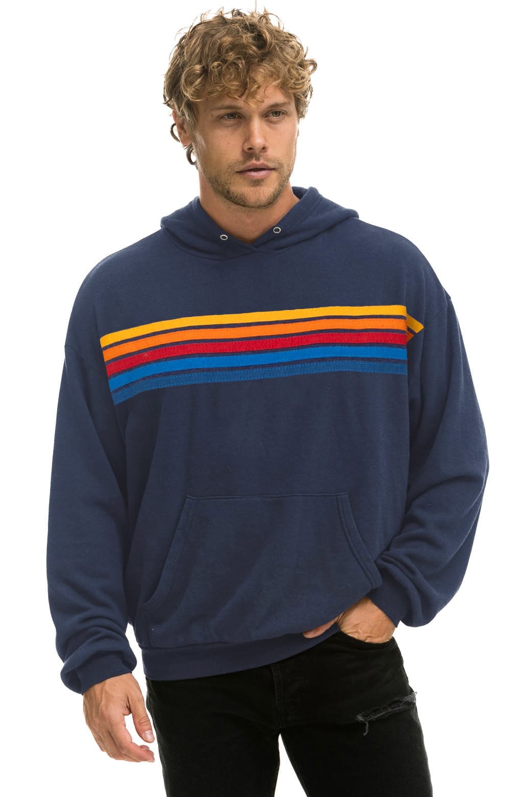 5 STRIPE RELAXED PULLOVER HOODIE - NAVY
