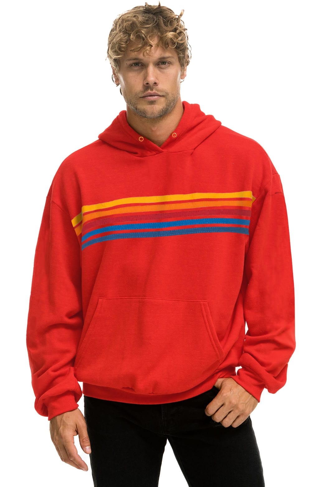 5 STRIPE RELAXED PULLOVER HOODIE - RED