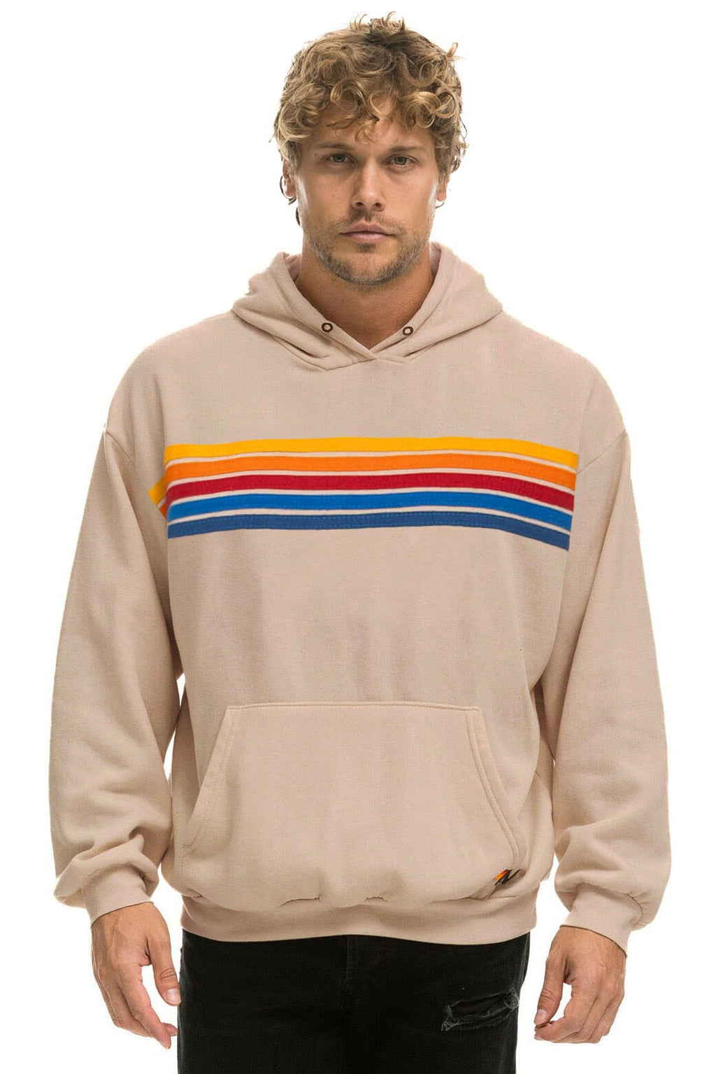5 STRIPE RELAXED PULLOVER HOODIE - SAND