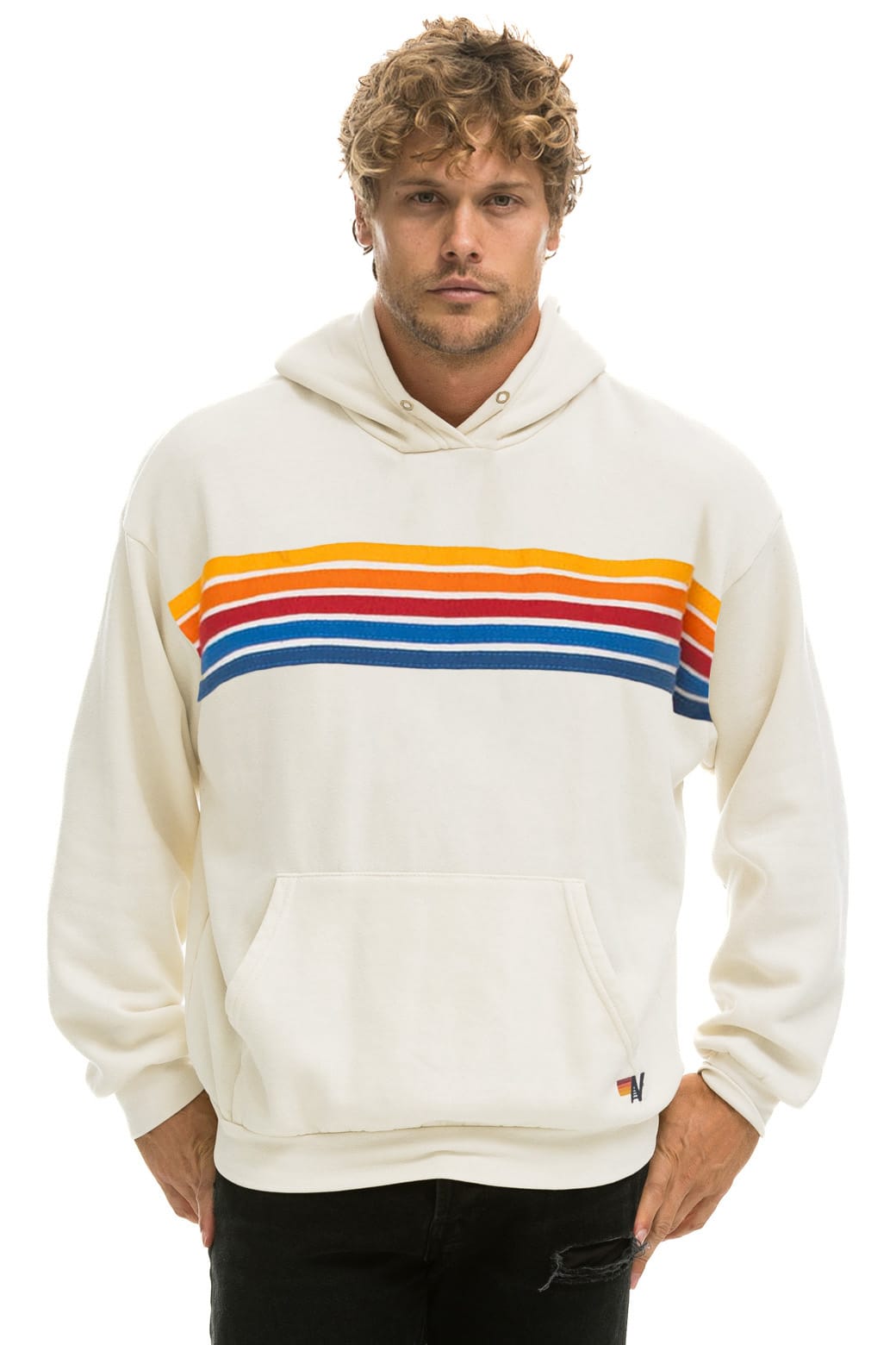 5 STRIPE RELAXED PULLOVER HOODIE - VINTAGE WHITE
