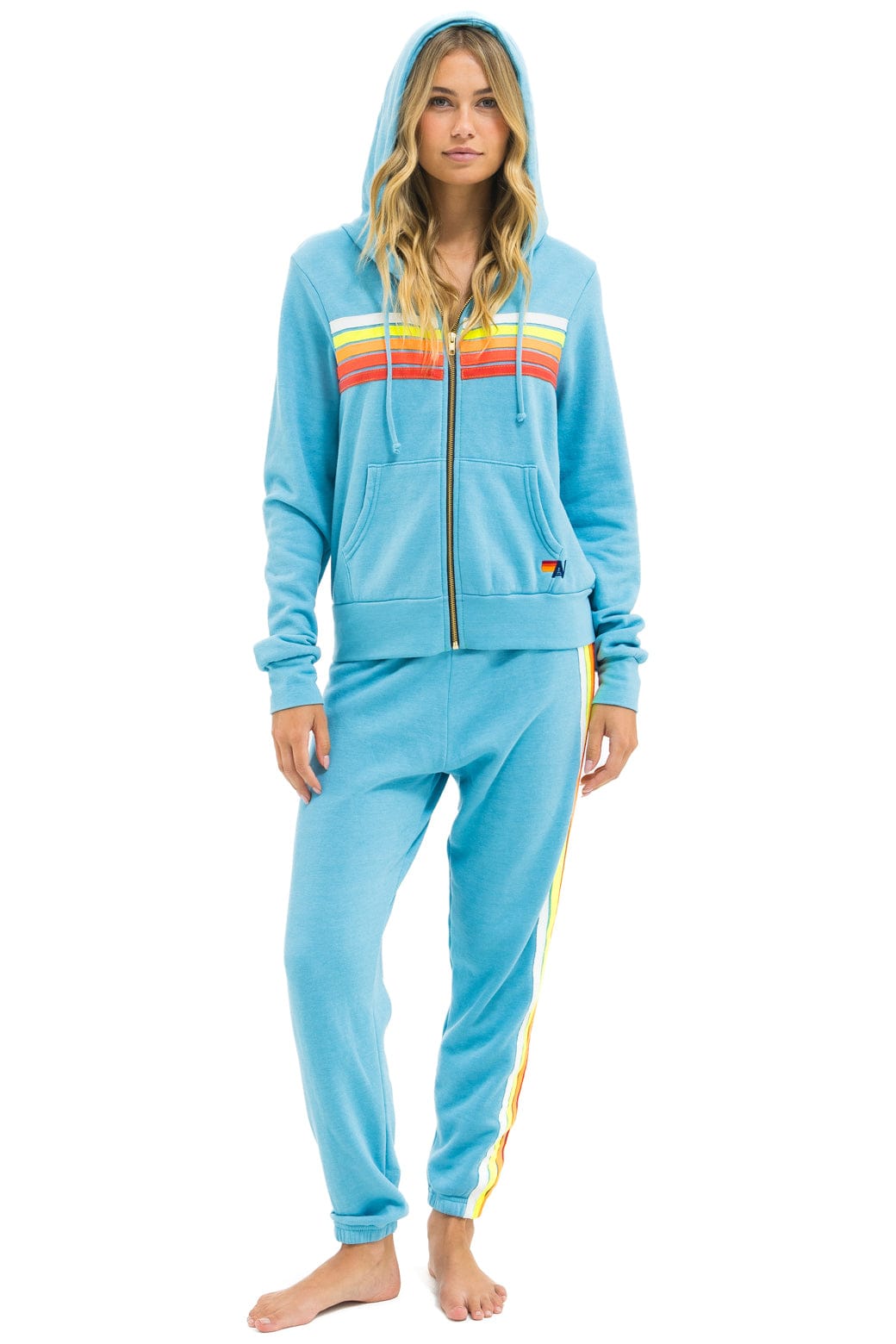 5 STRIPE HOODIE - AQUA // WHITE NEON