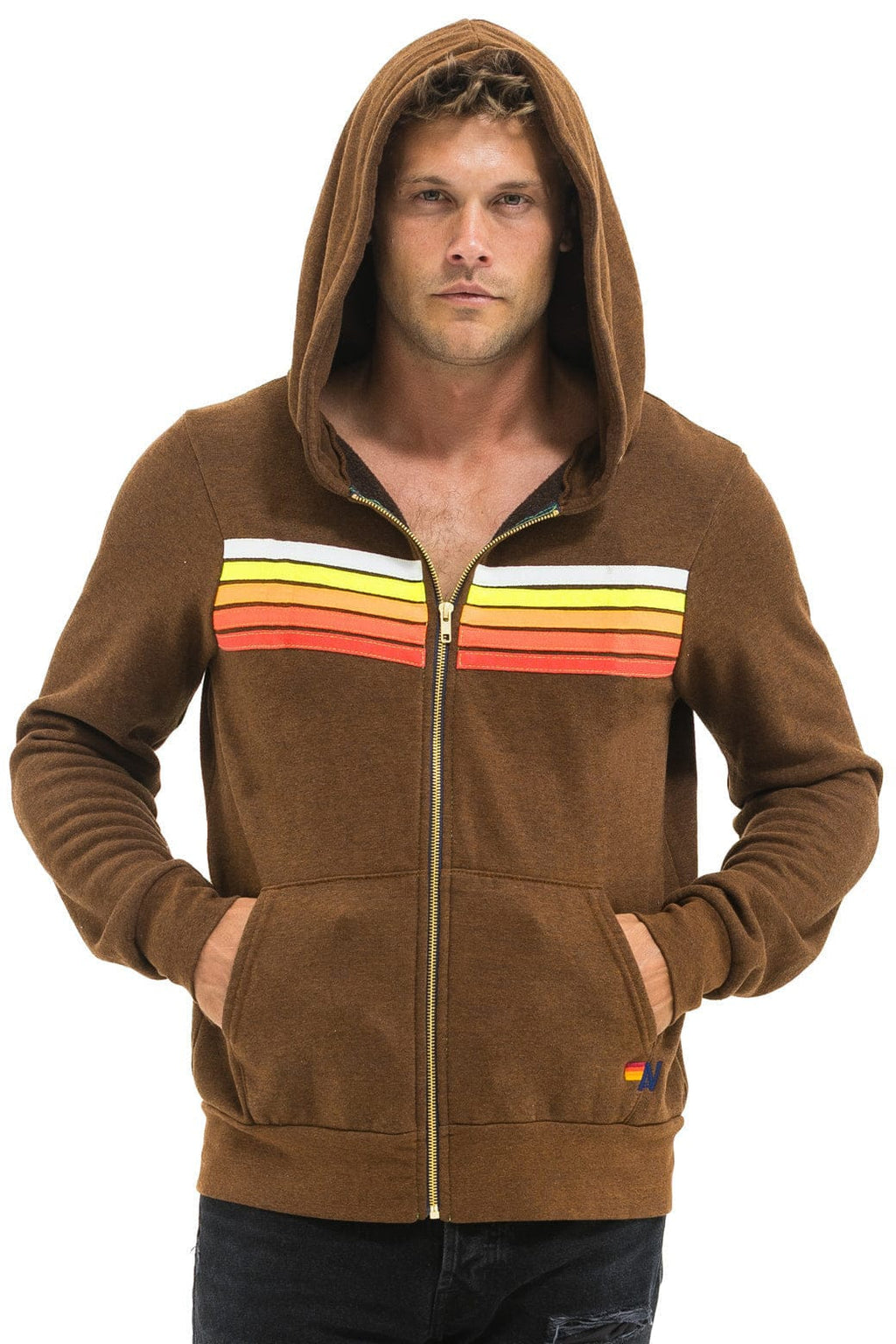 5 STRIPE HOODIE - CHOCOLATE // WHITE NEON