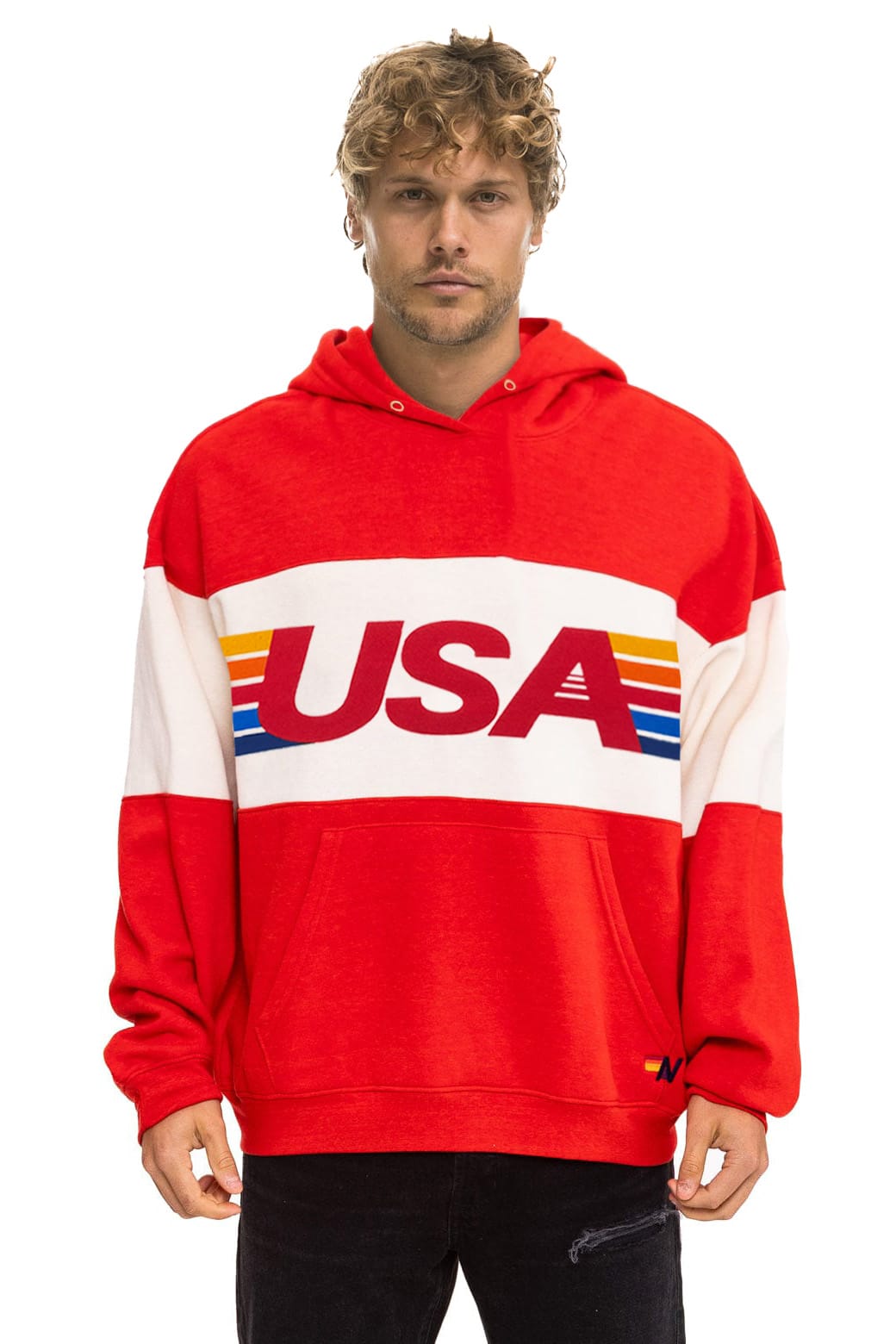 USA RELAXED PULLOVER HOODIE - RED // VINTAGE WHITE