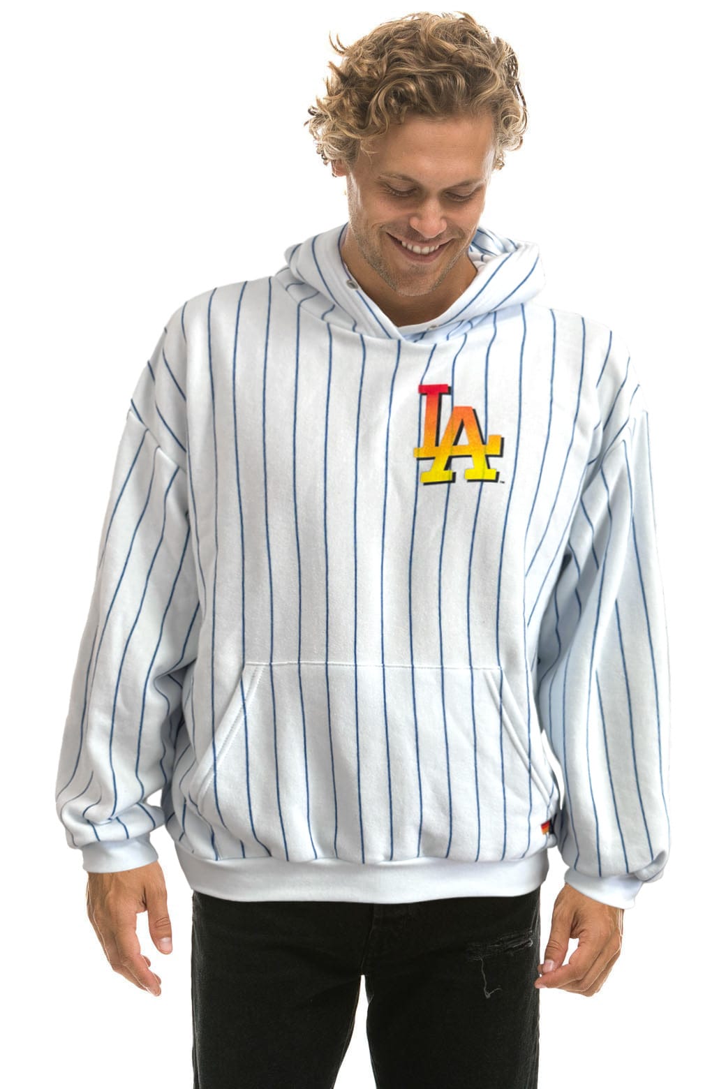 LOS ANGELES DODGERS PINSTRIPE 2026 RELAXED PULLOVER HOODIE - WHITE // BLUE