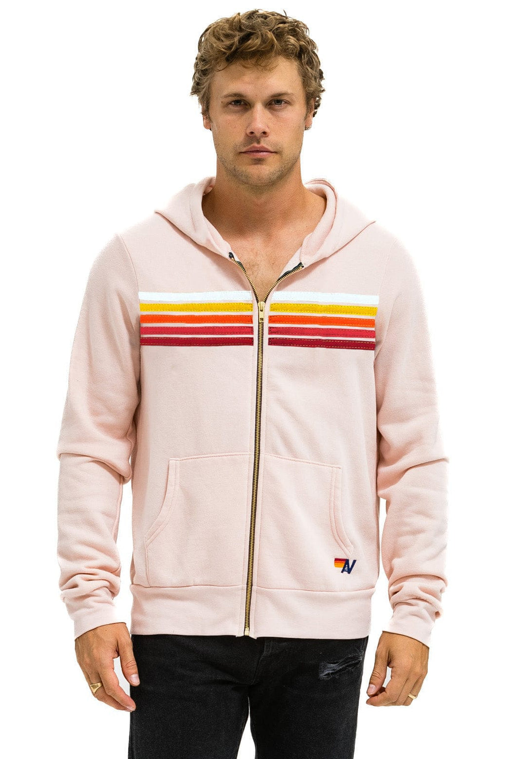 5 STRIPE HOODIE - LIGHT PINK // RAINBOW WHITE