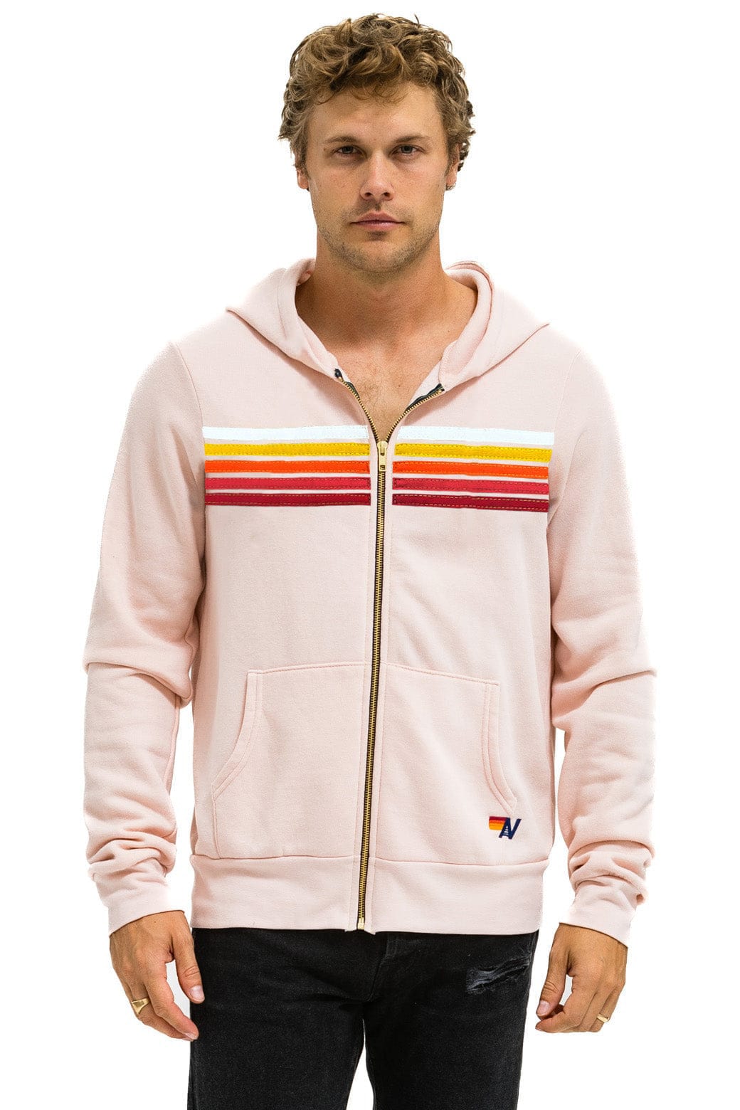 5 STRIPE HOODIE - LIGHT PINK // RAINBOW WHITE
