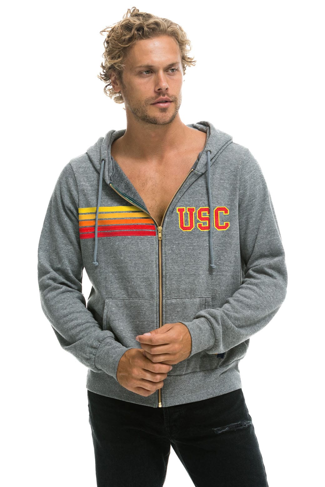 UNIVERSITY OF SOUTHERN CALIFORNIA 5 STRIPE ZIP HOODIE - HEATHER GREY