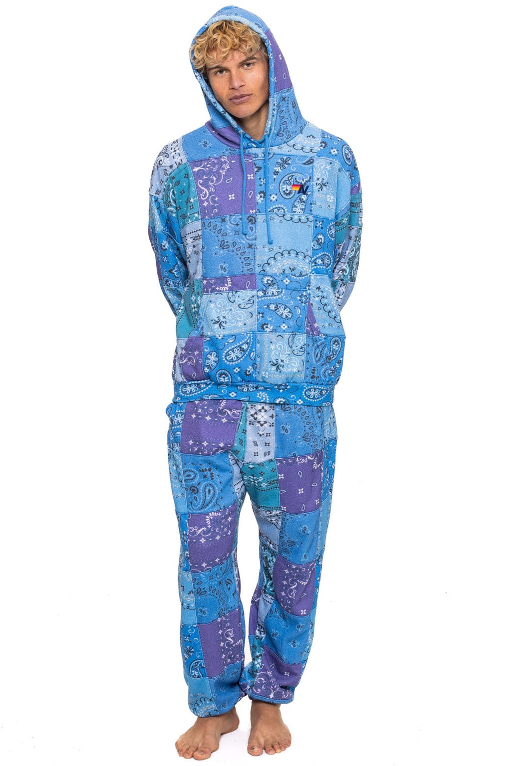 BANDANA QUILTED RELAXED PULLOVER HOODIE - BLUE