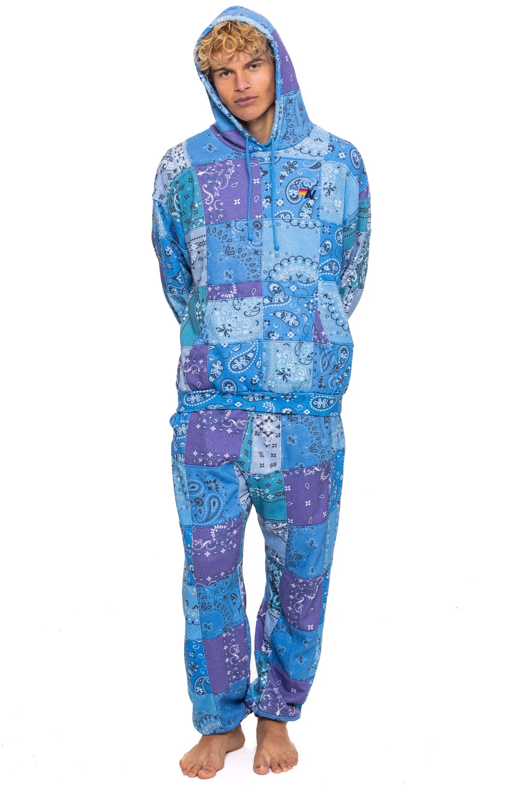 BANDANA QUILTED RELAXED PULLOVER HOODIE - BLUE