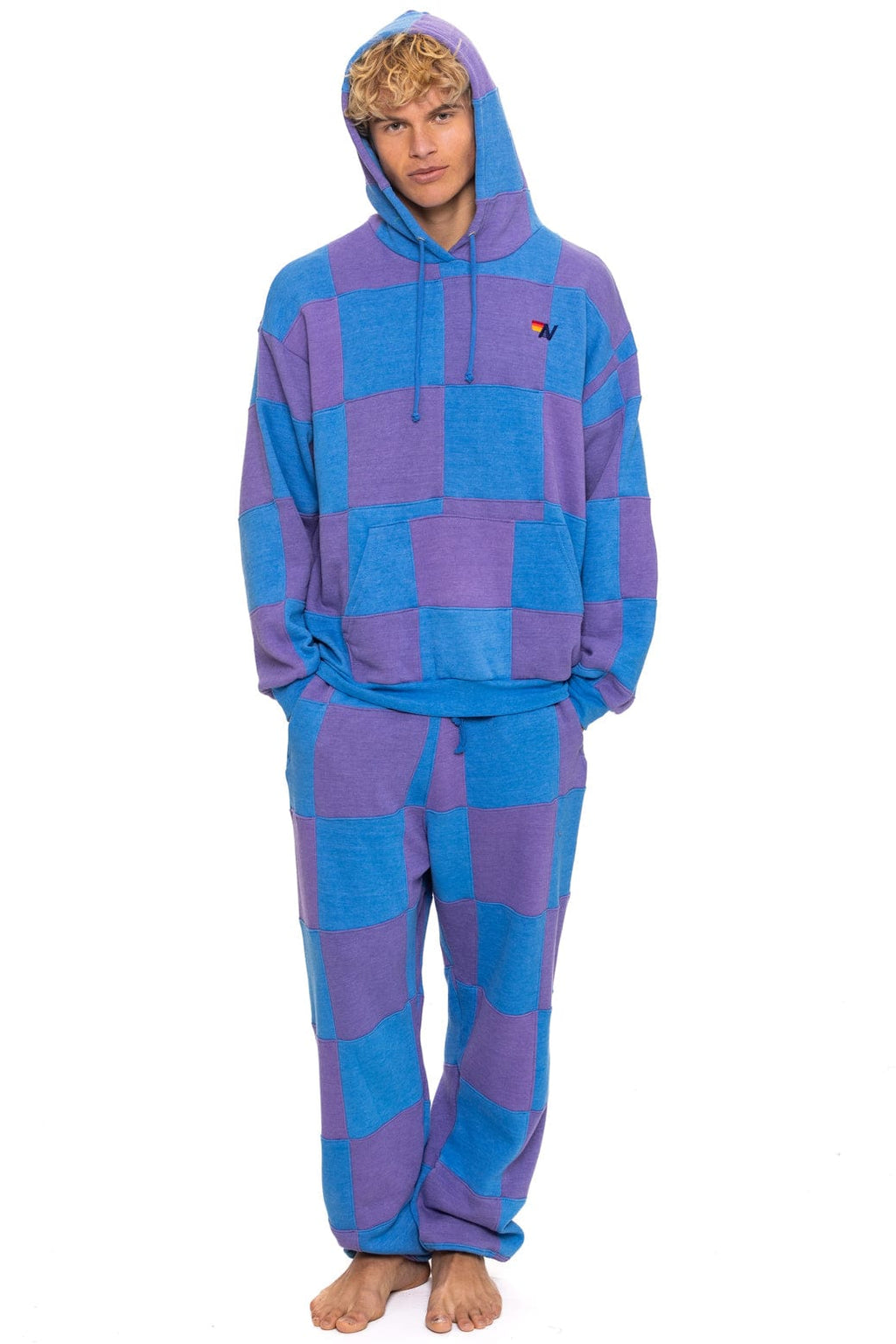 CHECK QUILT RELAXED PULLOVER HOODIE - LAVENDER // OCEAN