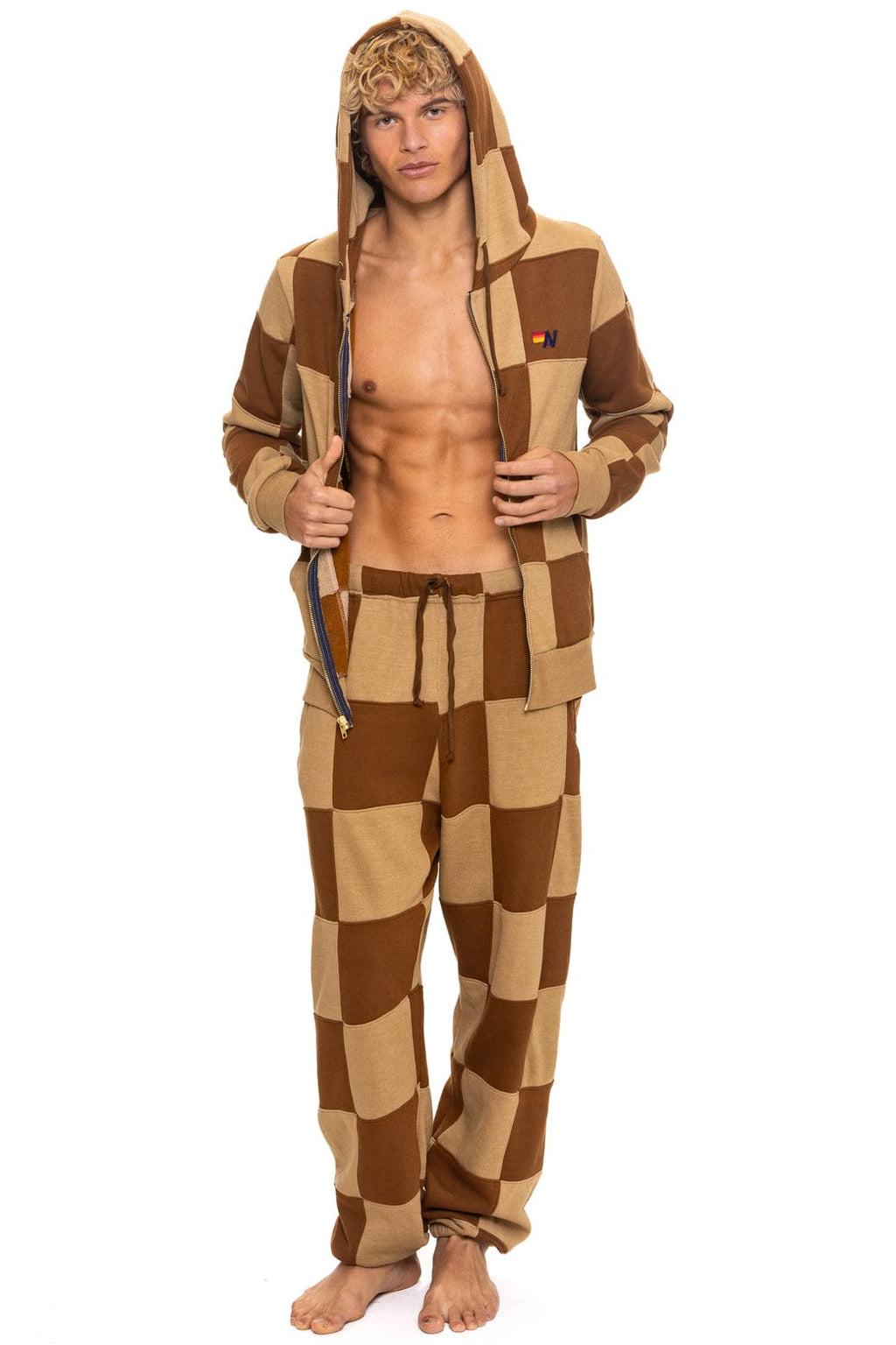 CHECK QUILT ZIP HOODIE - TAN // CINNAMON