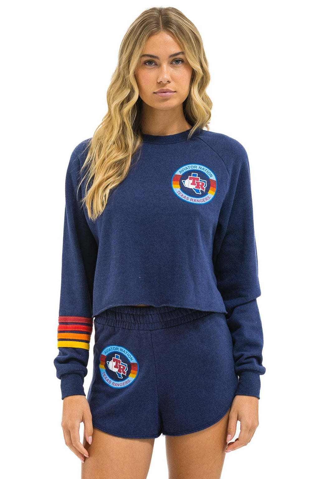TEXAS RANGERS RUGBY STITCH CROPPED CREW SWEATSHIRT - NAVY