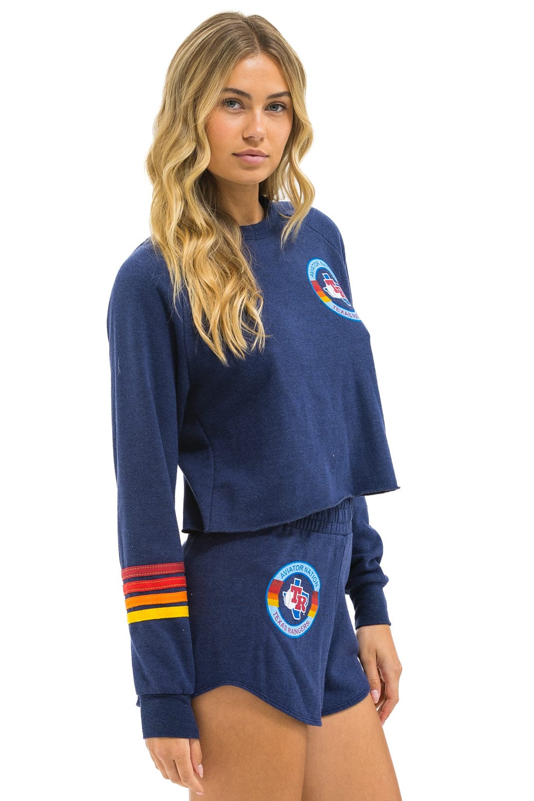 TEXAS RANGERS RUGBY STITCH CROPPED CREW SWEATSHIRT - NAVY