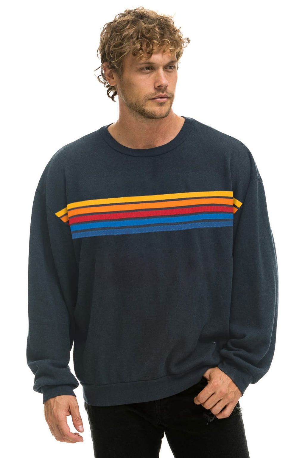 5 STRIPE RELAXED CREW SWEATSHIRT - CHARCOAL