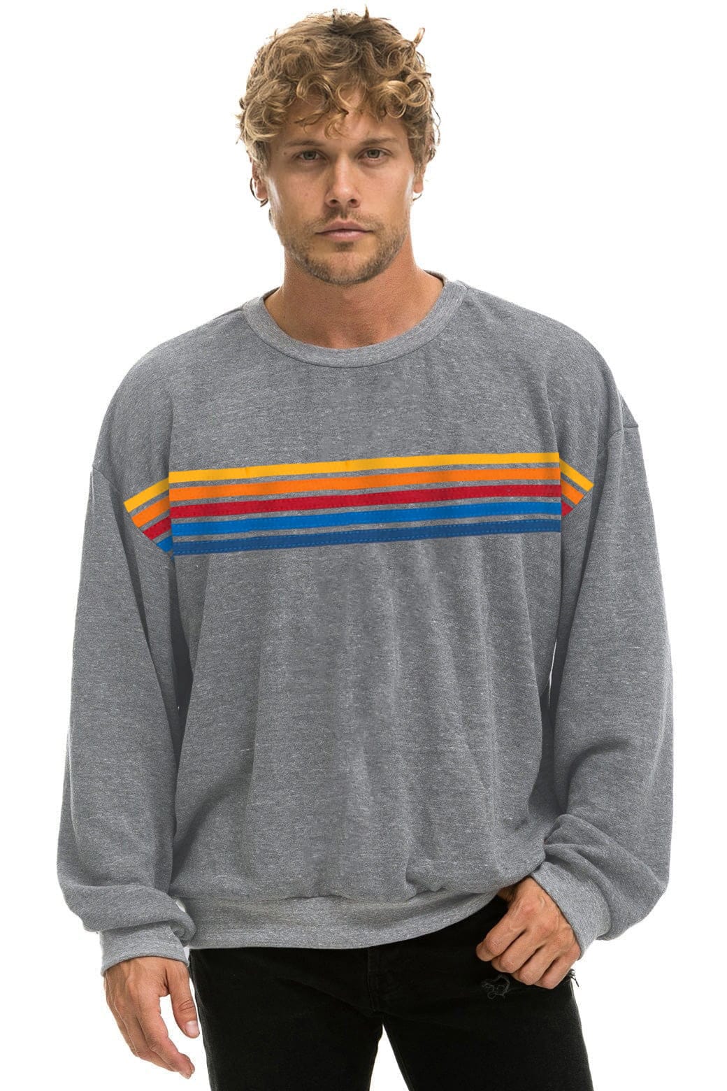 5 STRIPE RELAXED CREW SWEATSHIRT - HEATHER GREY