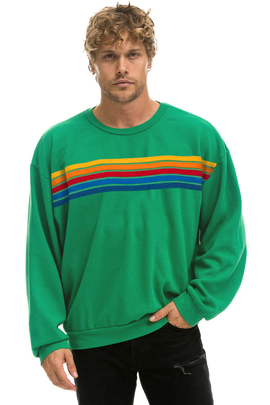 5 STRIPE RELAXED CREW SWEATSHIRT -KELLY GREEN