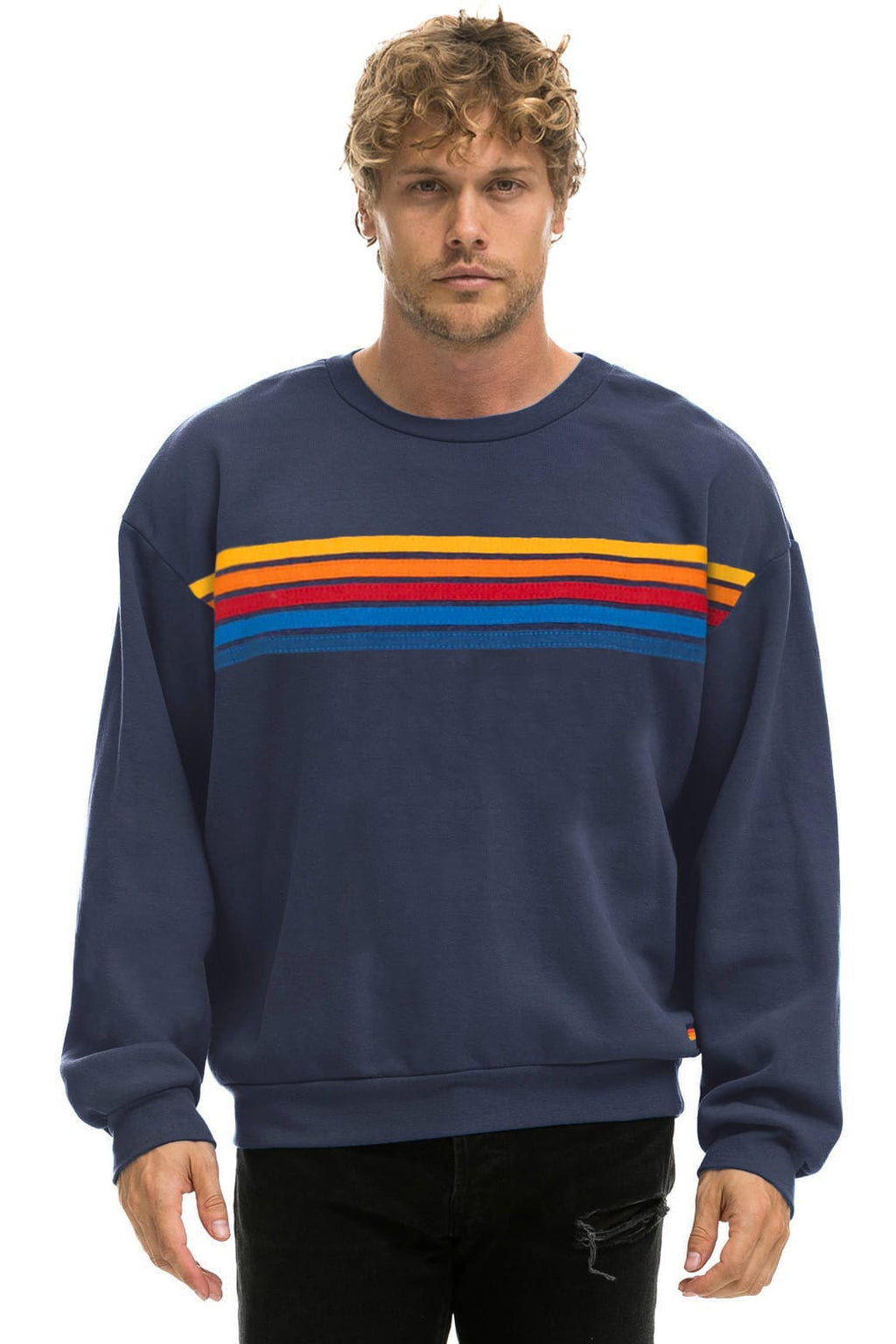 5 STRIPE RELAXED CREW SWEATSHIRT - NAVY