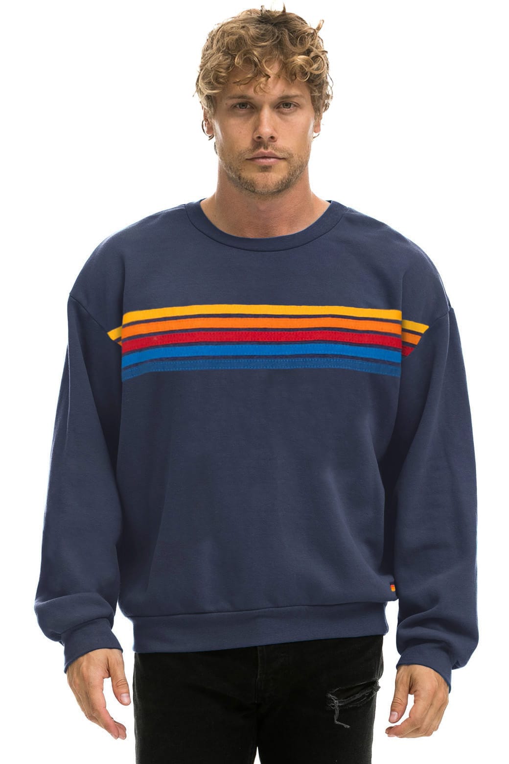 5 STRIPE RELAXED CREW SWEATSHIRT - NAVY