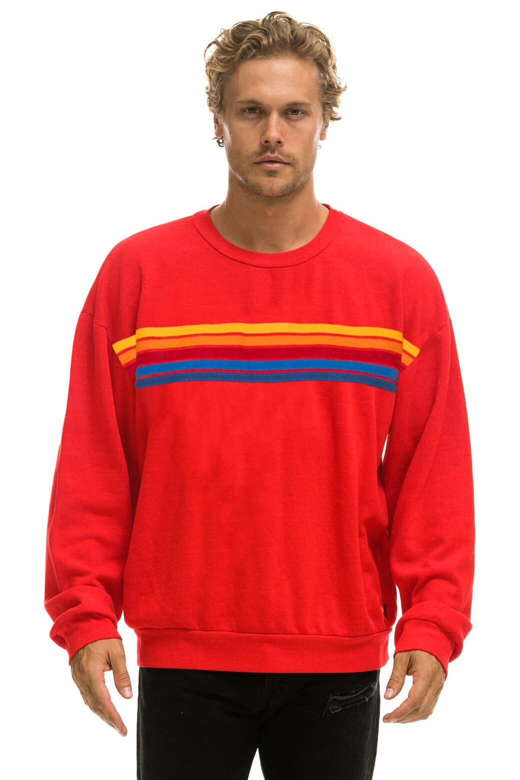 5 STRIPE RELAXED CREW SWEATSHIRT - RED