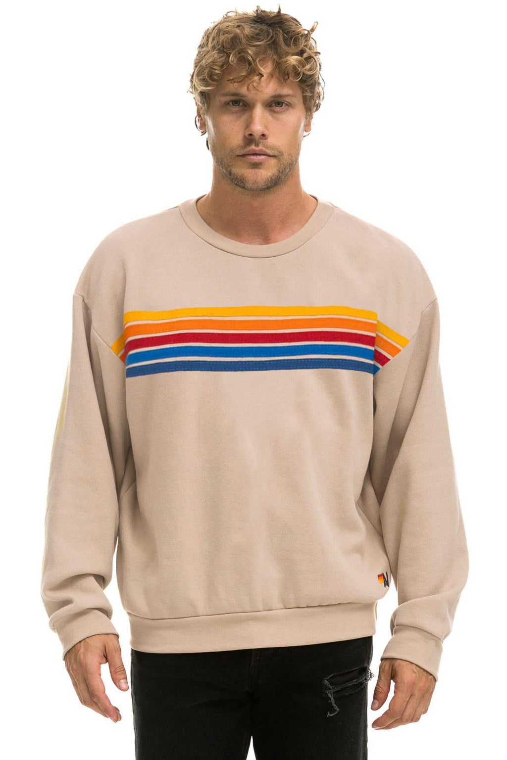 5 STRIPE RELAXED CREW SWEATSHIRT - SAND