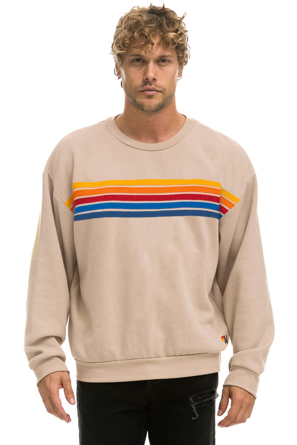 5 STRIPE RELAXED CREW SWEATSHIRT - SAND
