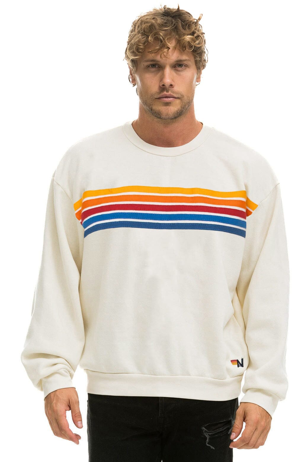 5 STRIPE RELAXED CREW SWEATSHIRT - VINTAGE WHITE