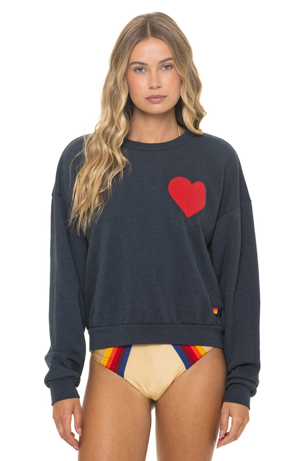 HEART STITCH RELAXED CREW SWEATSHIRT - CHARCOAL