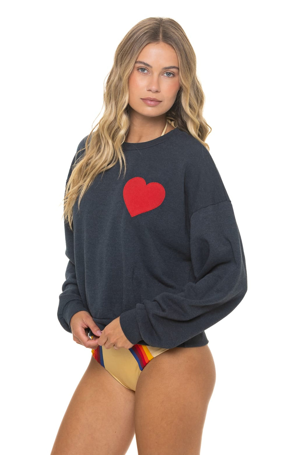 HEART STITCH RELAXED CREW SWEATSHIRT - CHARCOAL