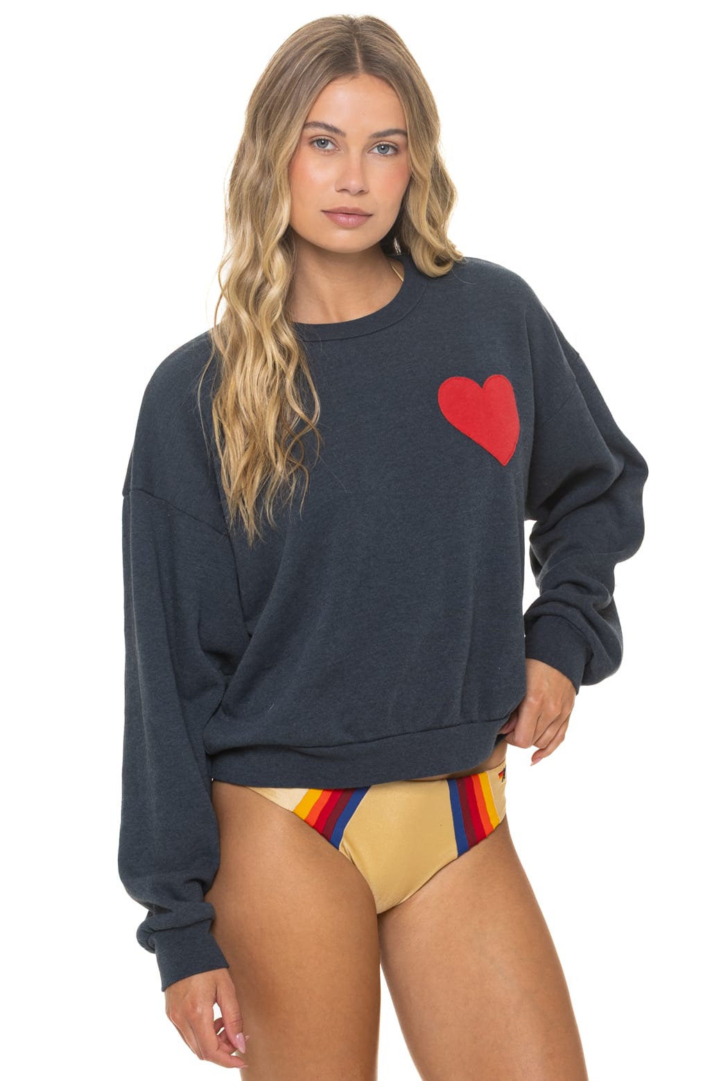 HEART STITCH RELAXED CREW SWEATSHIRT - CHARCOAL