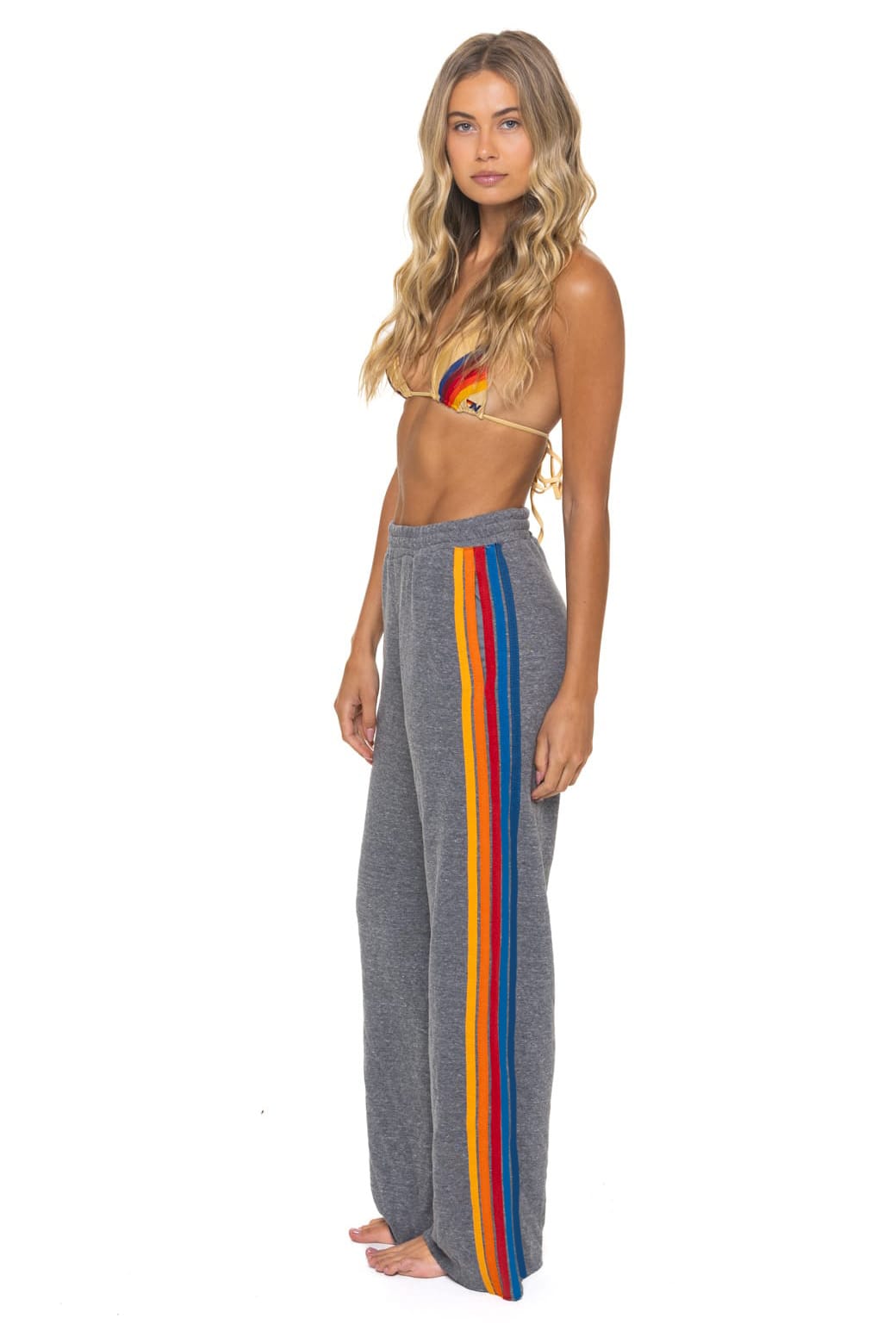 5 STRIPE WIDE LEG POCKET SWEATPANTS - HEATHER GREY