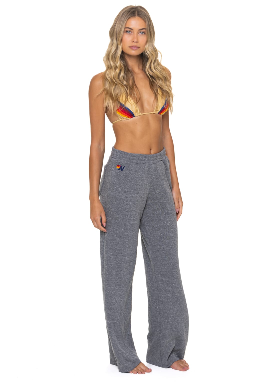 5 STRIPE WIDE LEG POCKET SWEATPANTS - HEATHER GREY