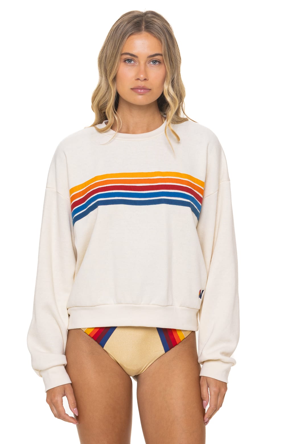 5 STRIPE RELAXED CREW SWEATSHIRT - VINTAGE WHITE