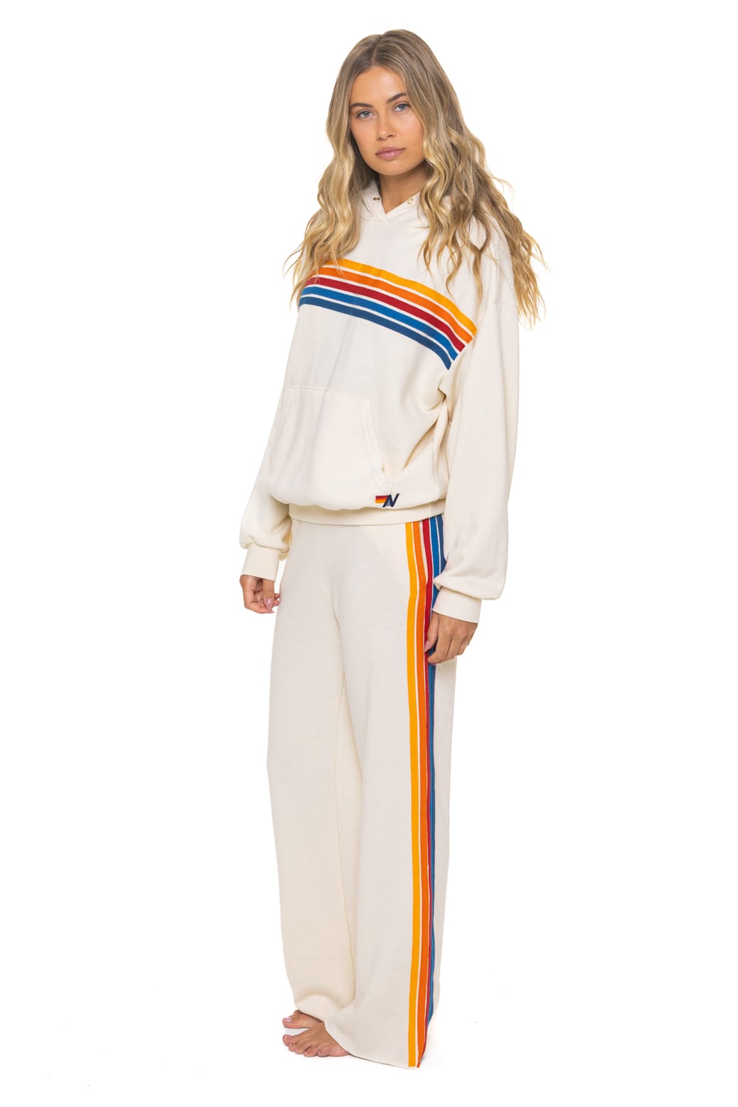 5 STRIPE RELAXED PULLOVER HOODIE - VINTAGE WHITE