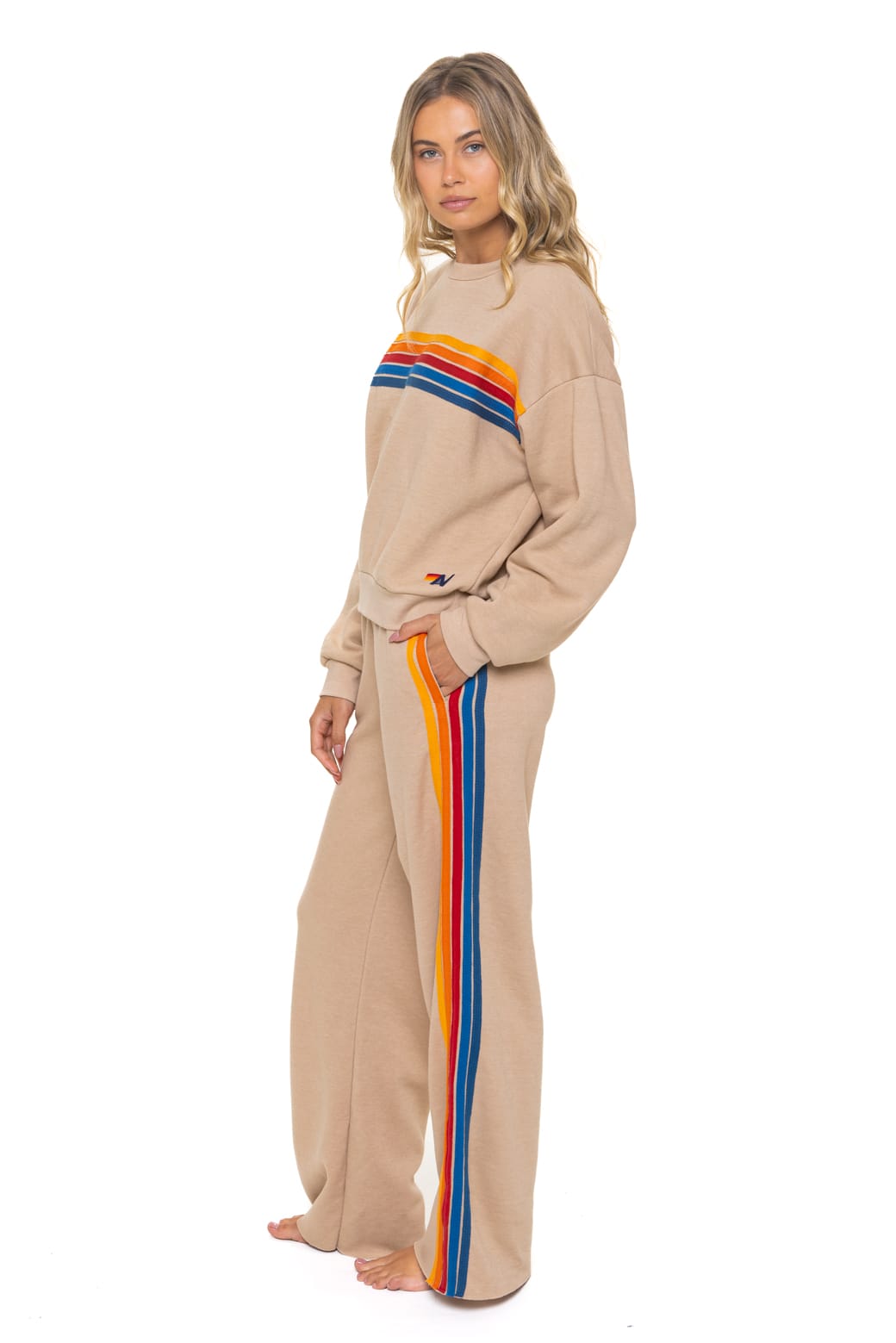 5 STRIPE RELAXED CREW SWEATSHIRT - SAND