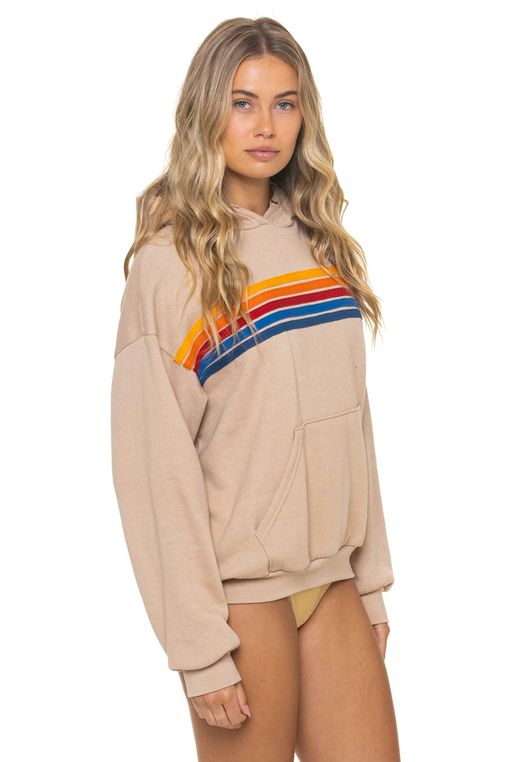 5 STRIPE RELAXED PULLOVER HOODIE - SAND