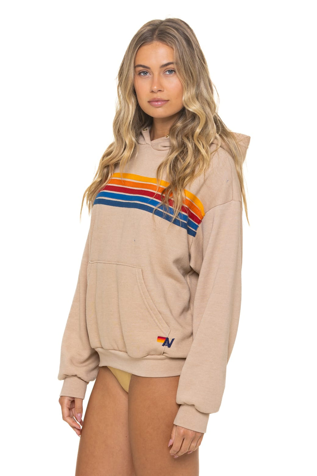 5 STRIPE RELAXED PULLOVER HOODIE - SAND