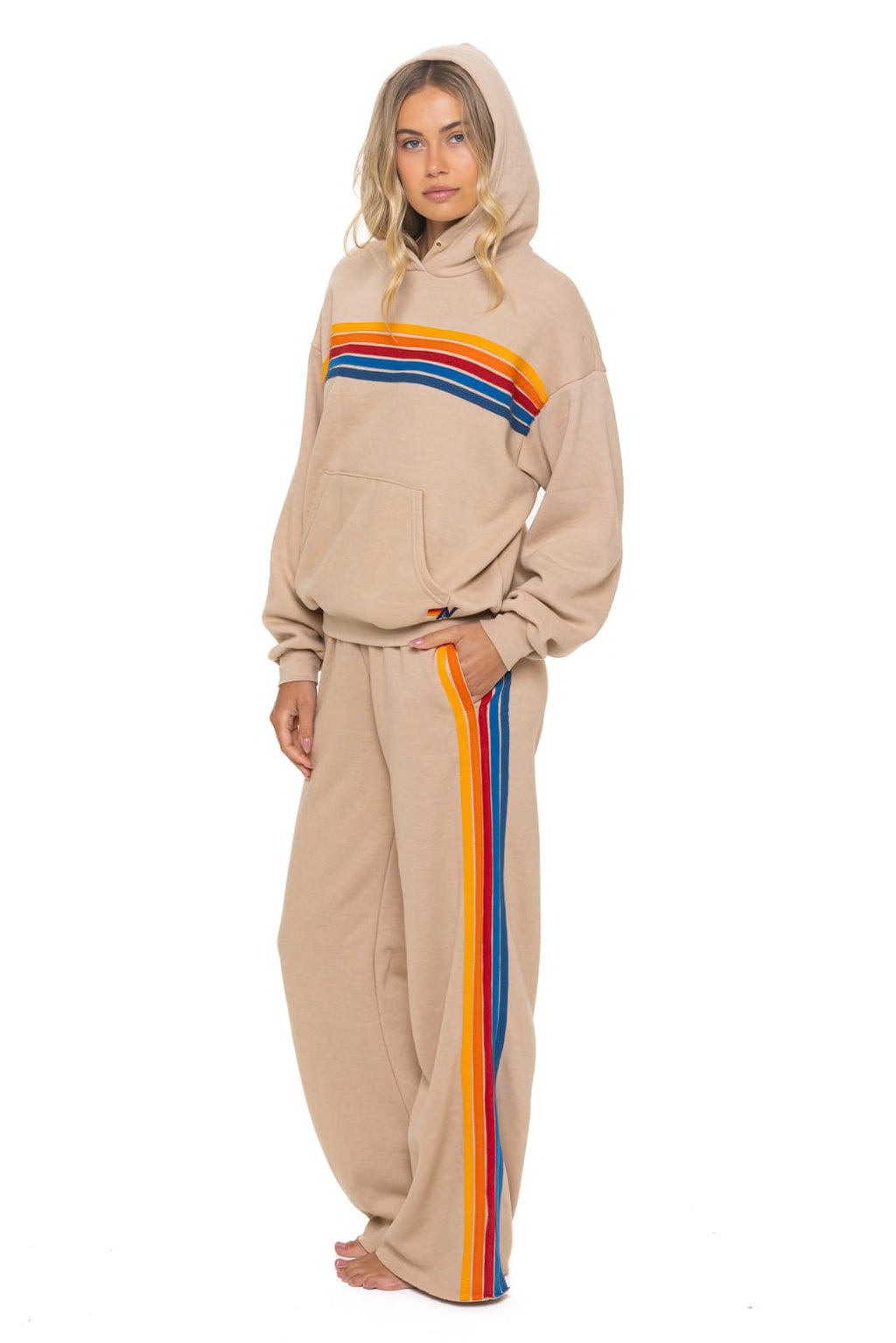 5 STRIPE RELAXED PULLOVER HOODIE - SAND
