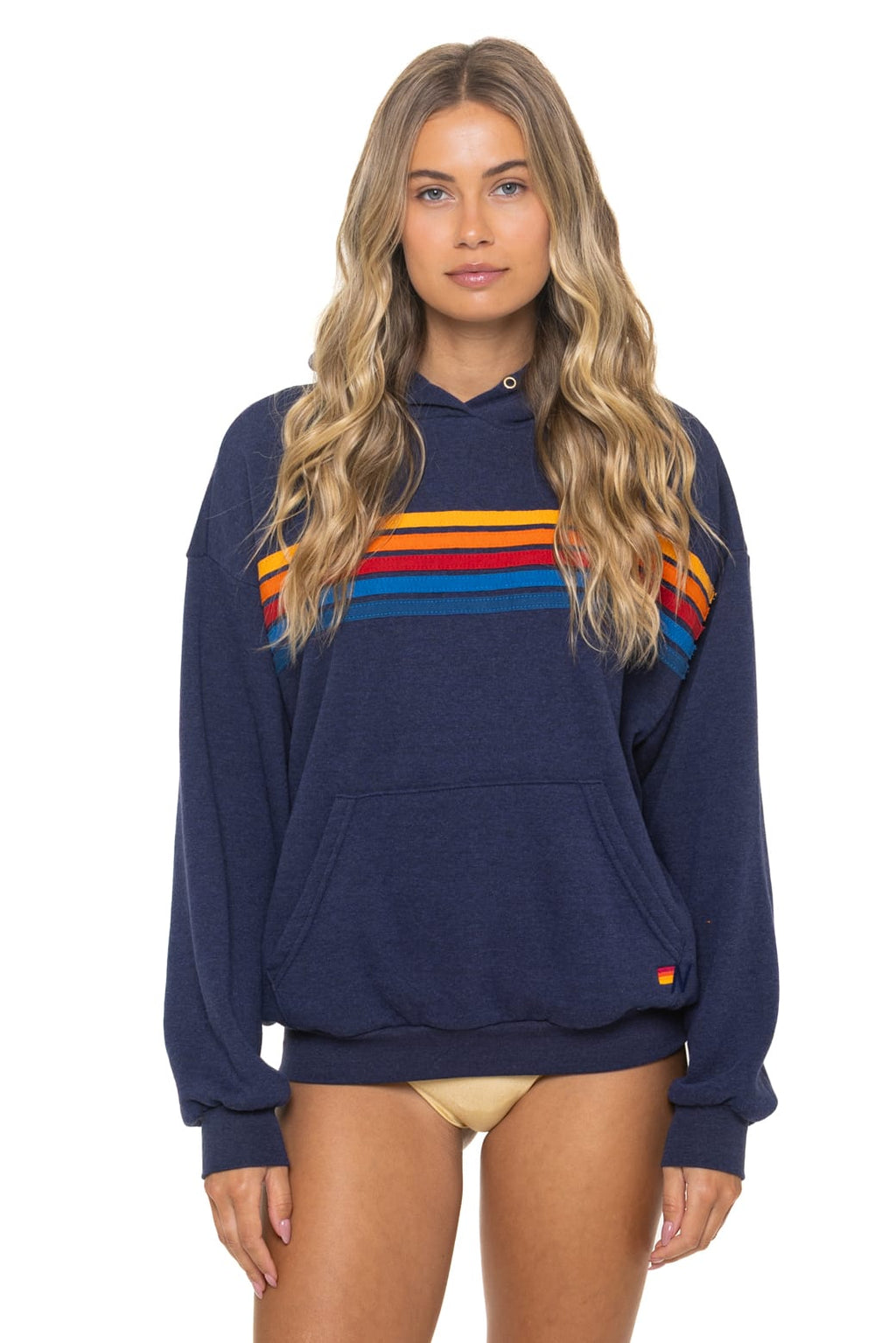 5 STRIPE RELAXED PULLOVER HOODIE - NAVY