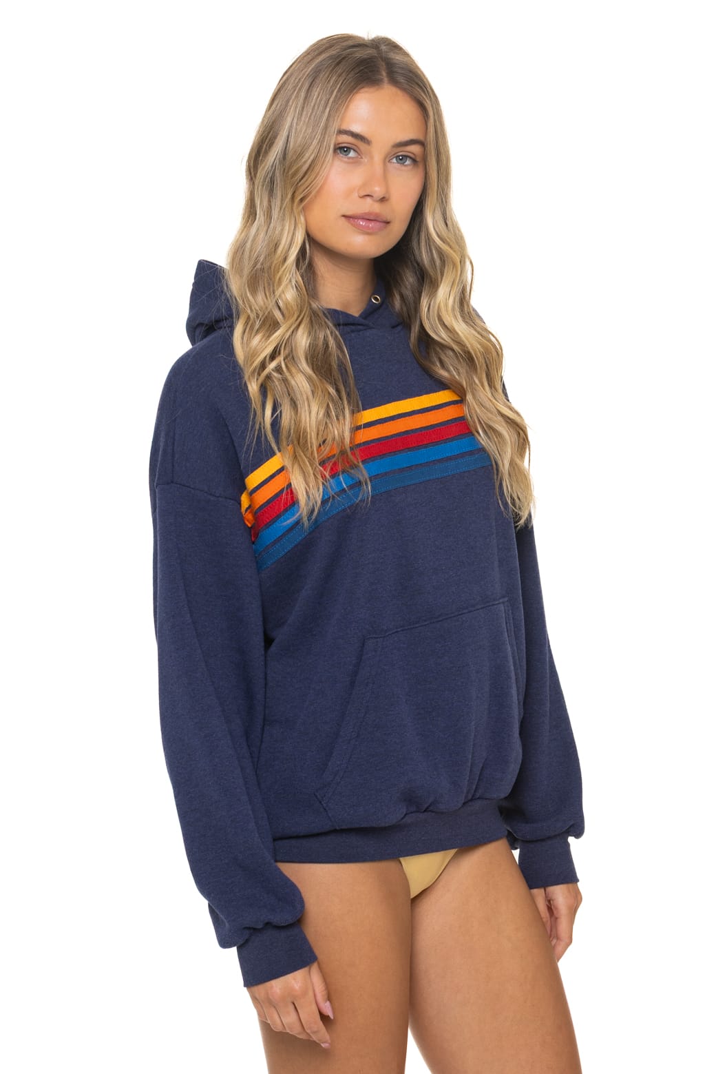 5 STRIPE RELAXED PULLOVER HOODIE - NAVY